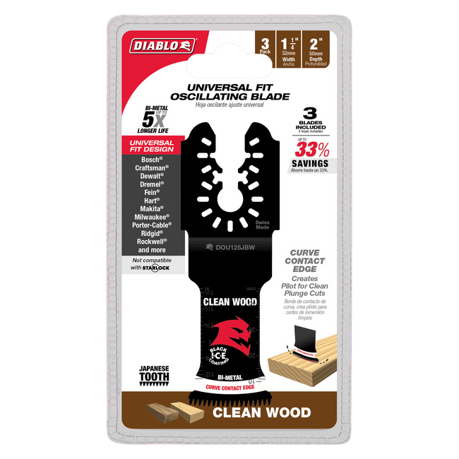DOU125JBW3 - 1-1/4" Universal Fit Bi-Metal Oscillating Blades for Clean Wood (3-Pack)