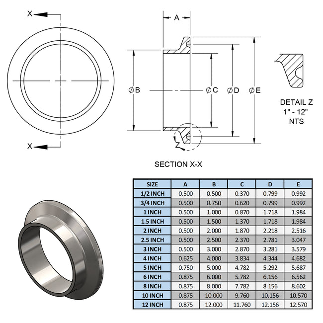 14WMP-R300 - 3" 316L Stainless Steel Short Weld Ferrule