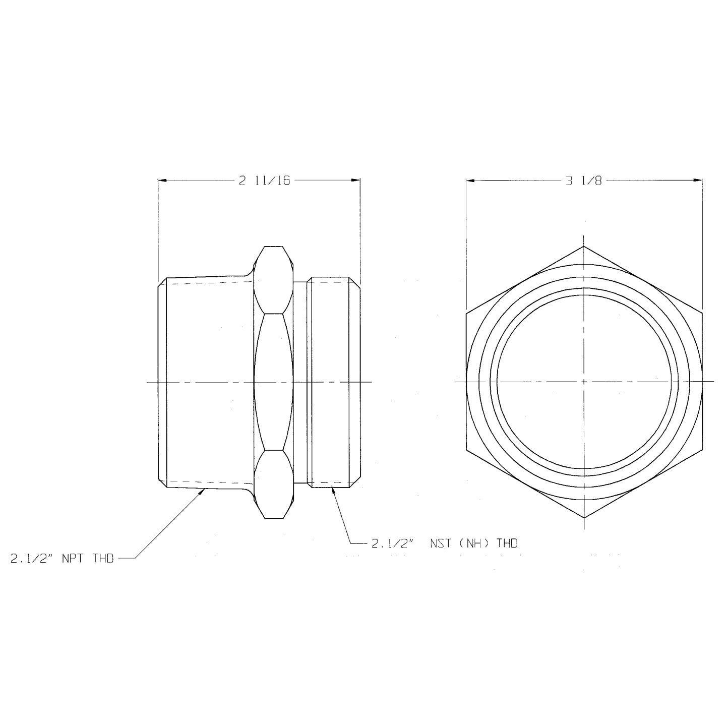 DMH2525F - 2-1/2" NPT x 2-1/2" NST (NH) Cast Brass Double Male Hex Nipple
