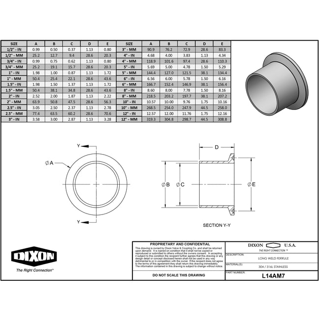 L14AM7-R200 - 2" 316L Stainless Steel Long Weld Ferrule
