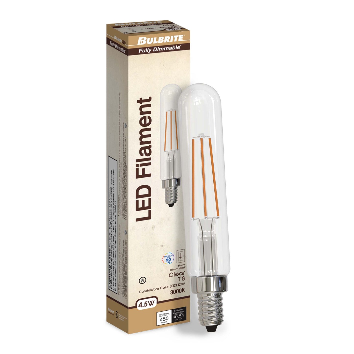 776724 - Dimmable Clear T8 LED Candelabra Light Bulb - 4.5 Watt - 3000K - 3 Pack
