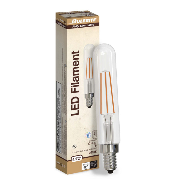 776724 - Dimmable Clear T8 LED Candelabra Light Bulb - 4.5 Watt - 3000K - 3 Pack