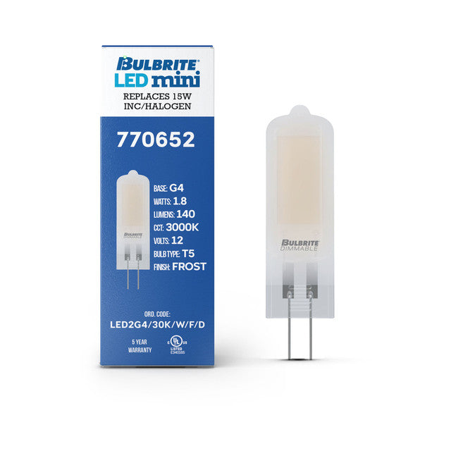 770652 - 12V Dimmable T5 Frost Glass Bi-Pin - 1.8 Watt - 3000K - 4 Pack