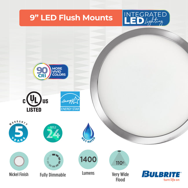 773610 - 9" Flush Mount LED Ceiling Light - 17 Watt - 3000K - Nickel