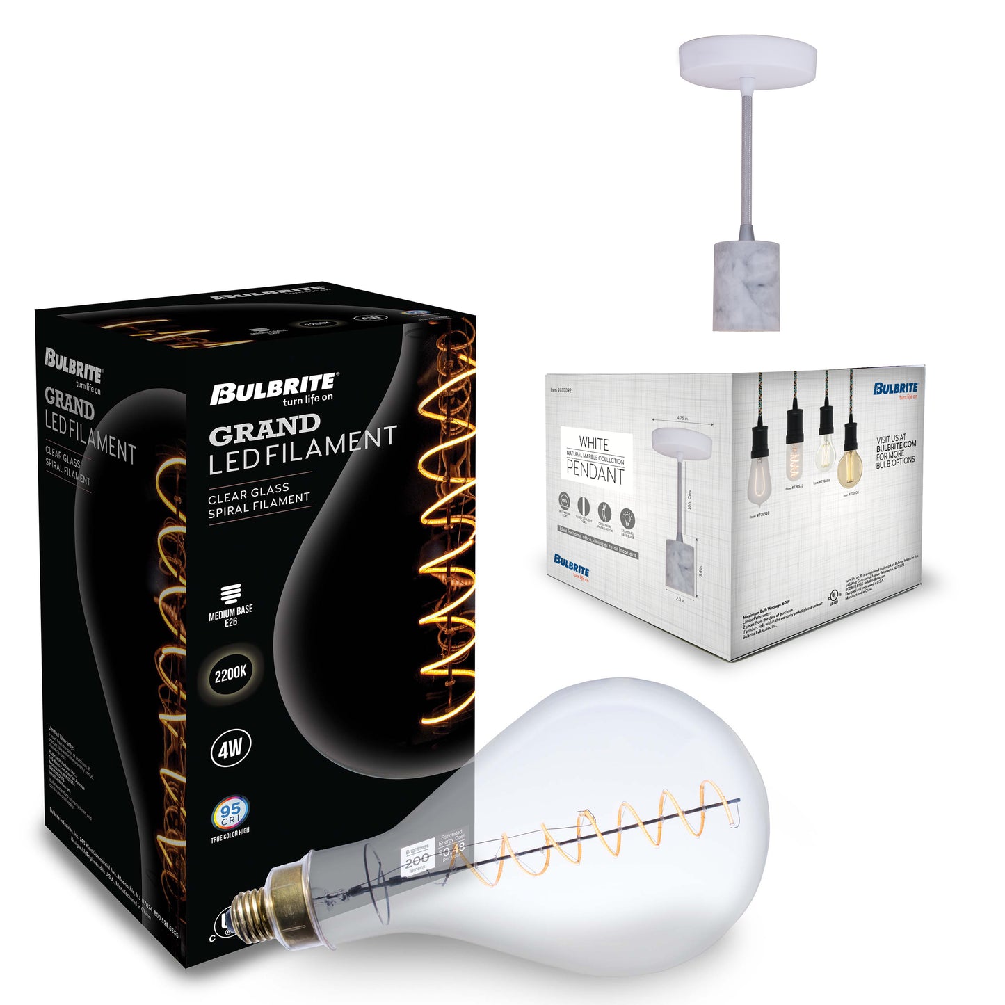 776300 - 4 Watt LED PEAR SHAPED GRAND 2200K FILAMENT W/ WHITE MARBLE PENDANT WITH WHITE STRING