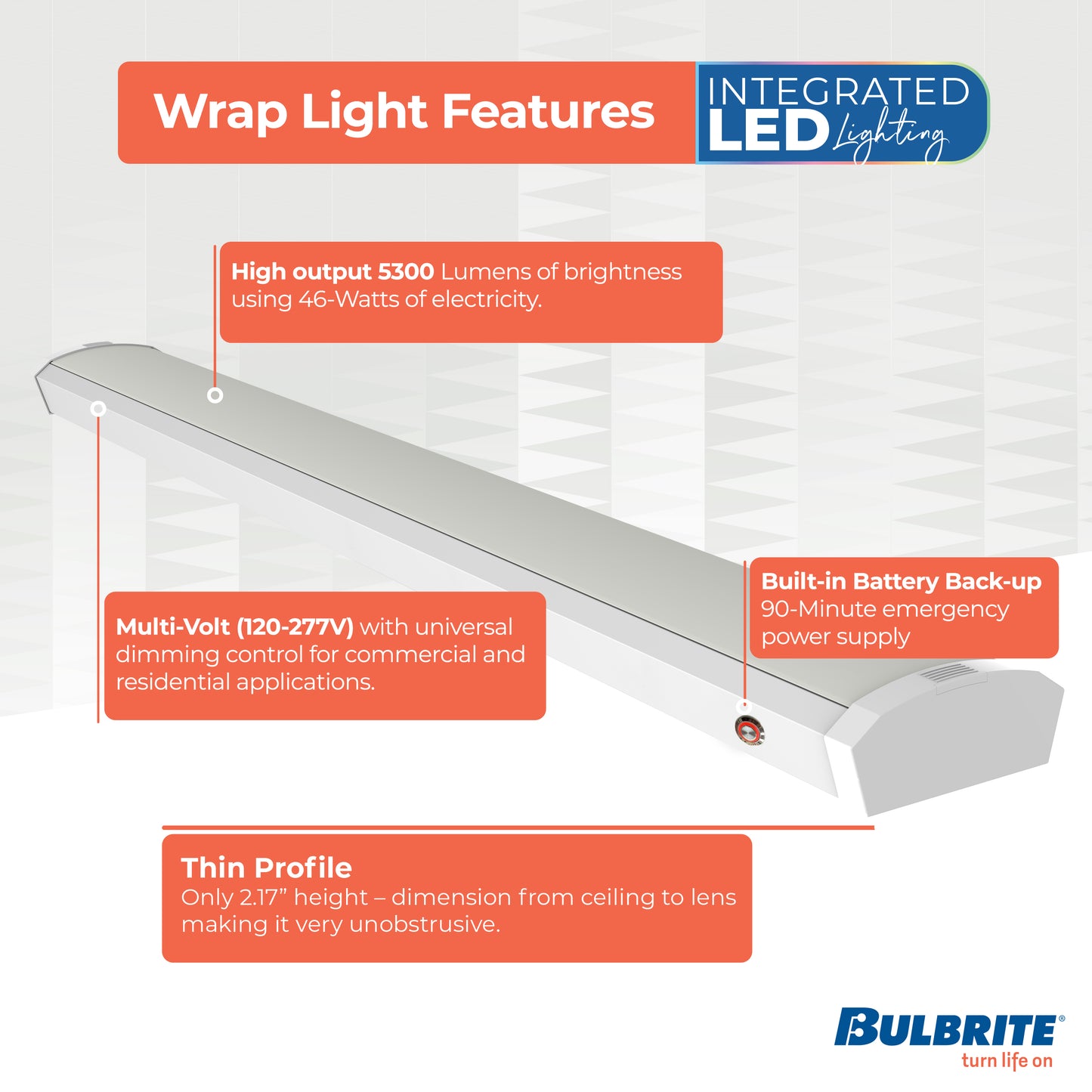 773507 - 4 ft. Integrated 5 Color Selectable LED Dimmable Wraparound Light W/ Battery Backup (120-277v), 5300 Lumens, White
