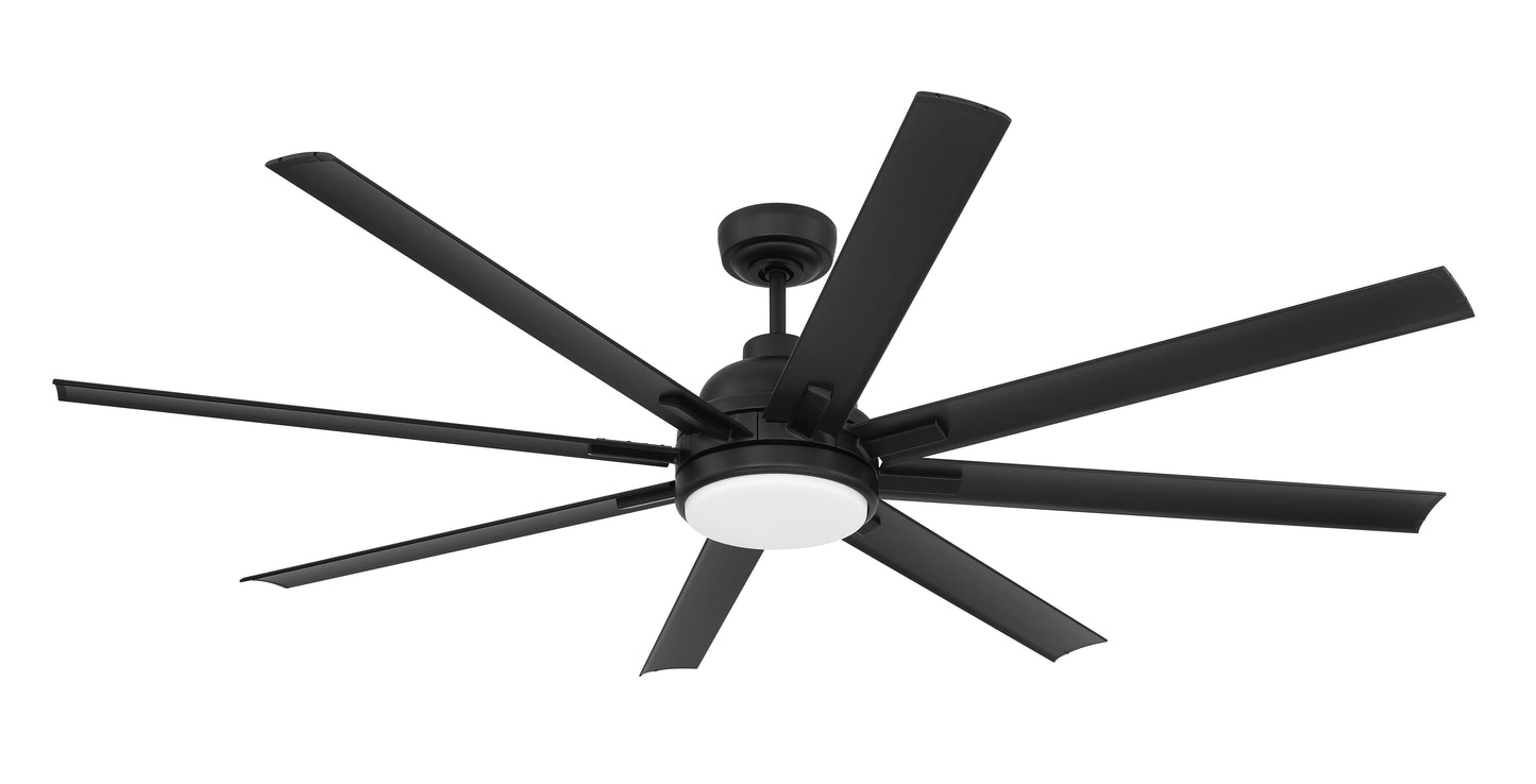 RSH65FB8-NWF - Rush 65" Ceiling Fan, Wet Rated no Wifi 65" 8 Blade Indoor Outdoor Ceiling Fan with Light Kit - Flat Black