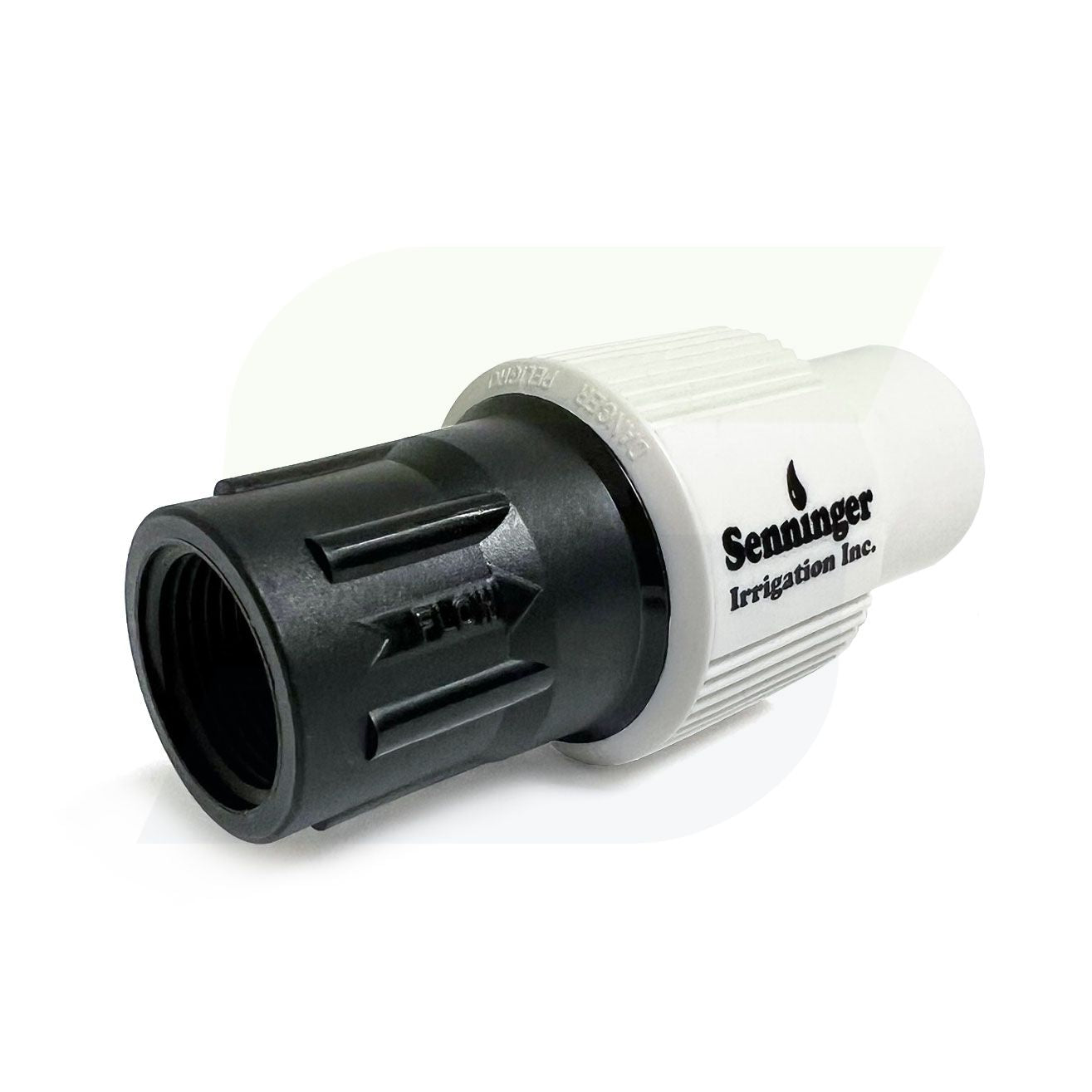 senninger's prl25 irrigation pressure regulator logo and flow arrow