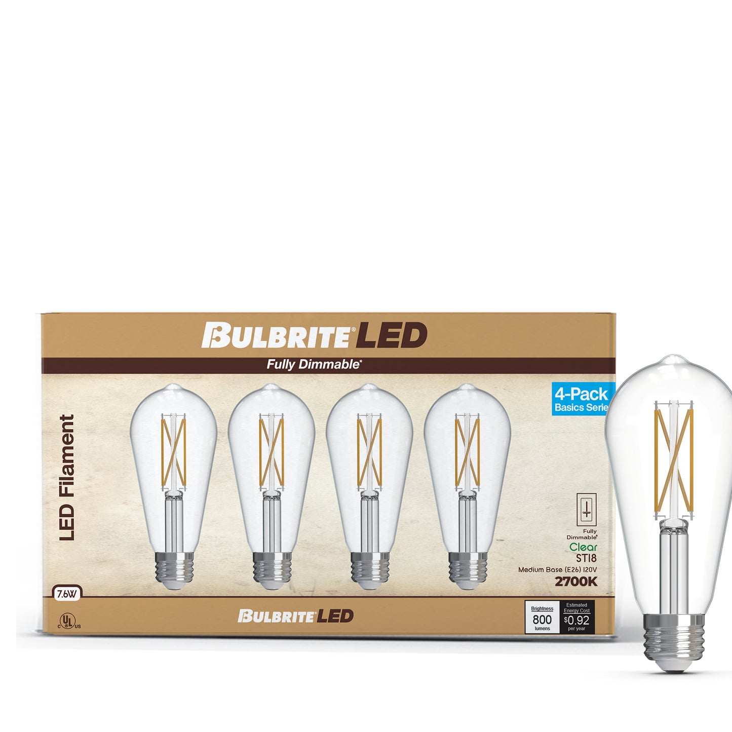776242 - Filaments Dimmable Clear Glass ST18 LED Light Bulb - 7.6 Watt - 2700K - 4 Pack
