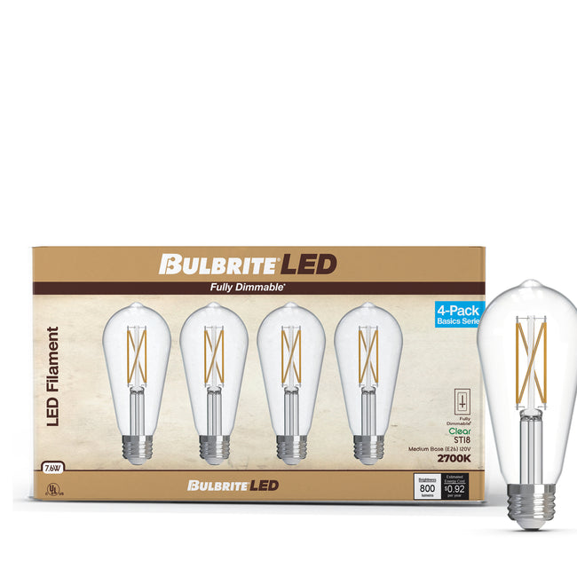 776242 - Filaments Dimmable Clear Glass ST18 LED Light Bulb - 7.6 Watt - 2700K - 4 Pack