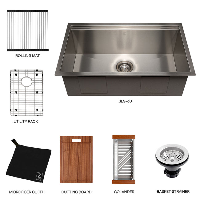 SLS-30 - 30" Garmisch Undermount Single Bowl Stainless Steel Kitchen Sink with Bottom Grid and Accessories