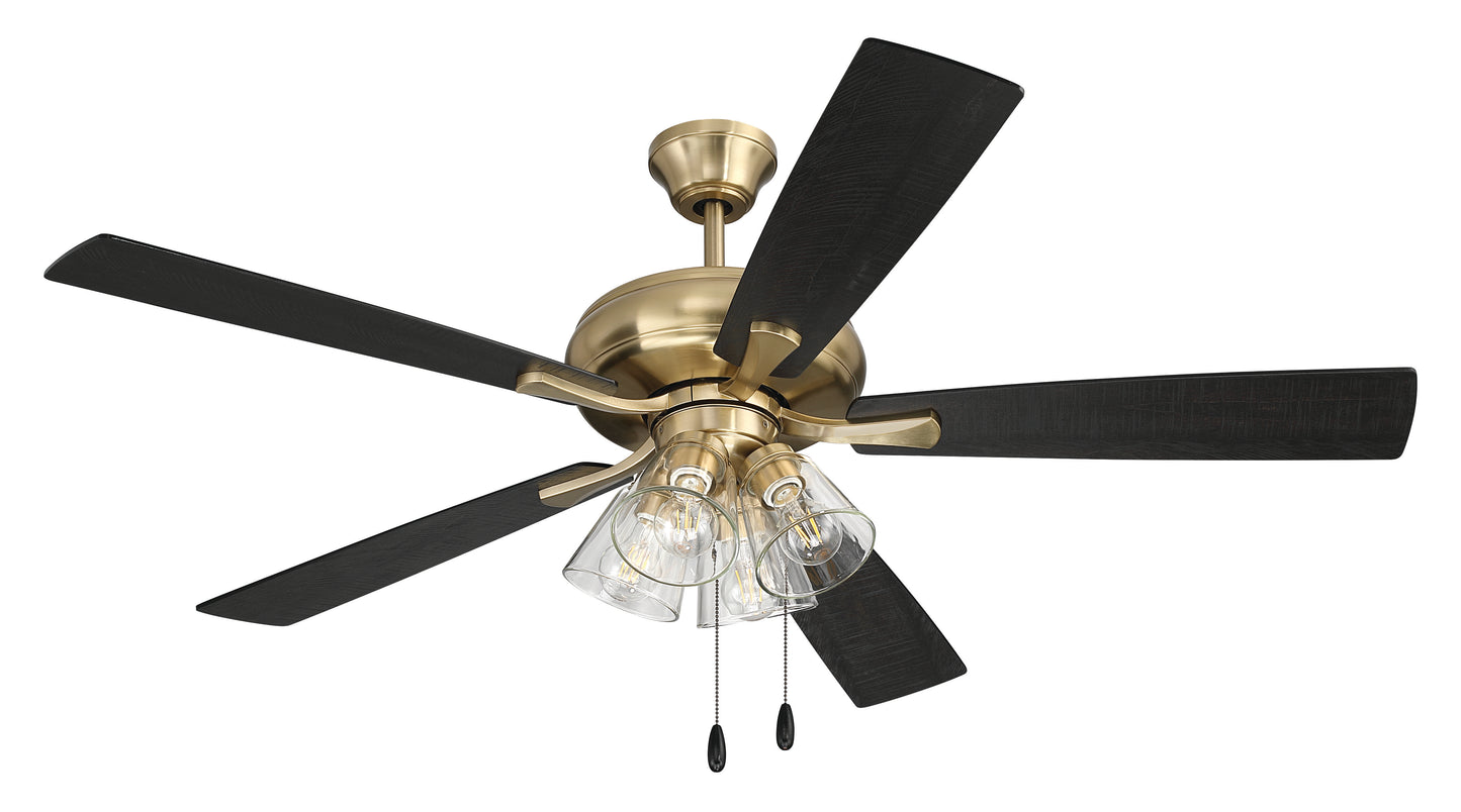 ECF104SB5-BWNFB - Eos Clear 4 Light 52" 5 Blade Ceiling Fan with Light Kit - Satin Brass