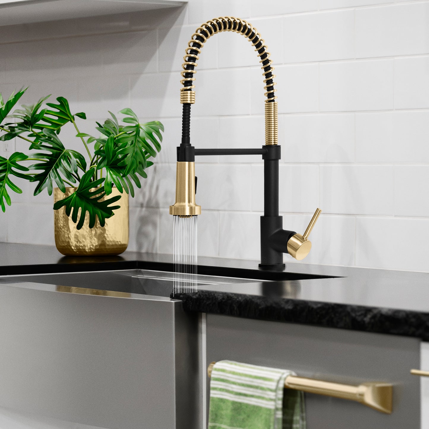 APL-KF-ZMBCB - Autograph Edition Apollo Pull Down Spring Single Handle Kitchen Faucet in Matte Black and Champagne Bronze