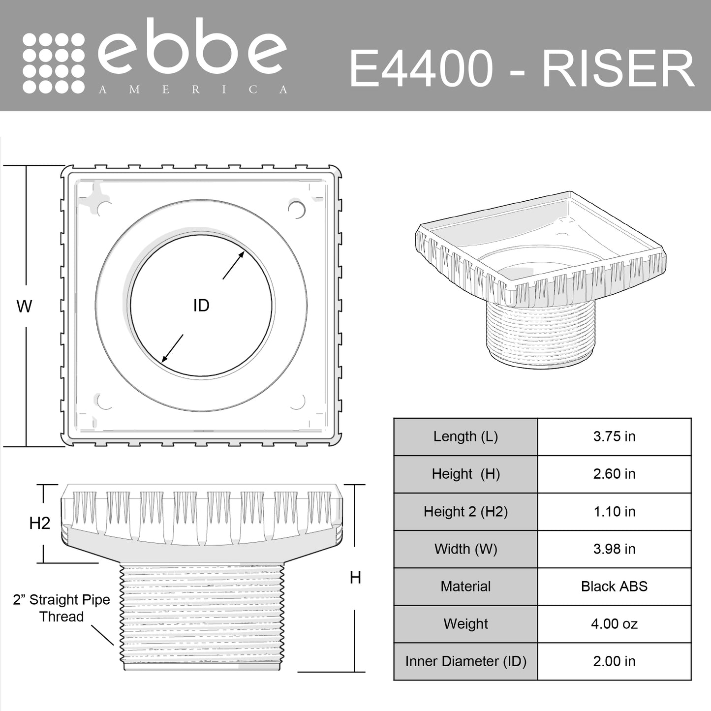 E4400 - Square RISER with Construction Plug and Hair Trap