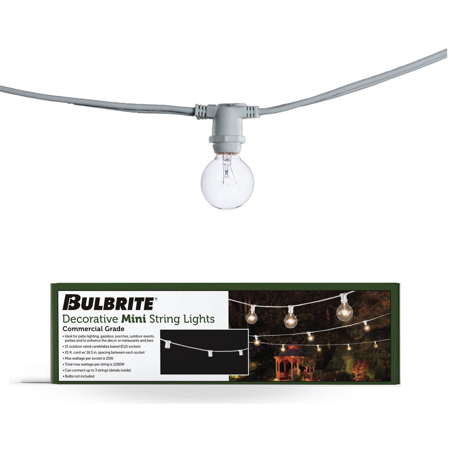 301010 - 25' STRING LIGHT 15 SOCKETS KIT WHITE W/10 Watt G12 WHITE E12 LAMPS