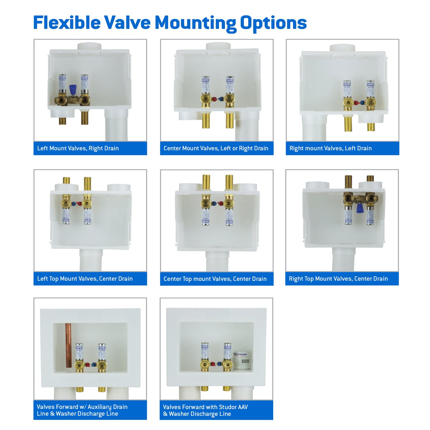 85703 - DU-All Dual Drain Washing Machine Outlet Box - Brass Quarter Turn Valves with Arrestors - 1/2" Sweat