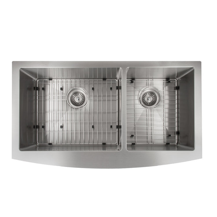 SA60D-36 - 36" Courchevel Farmhouse Apron Mount Double Bowl Stainless Steel Kitchen Sink with Bottom Grid