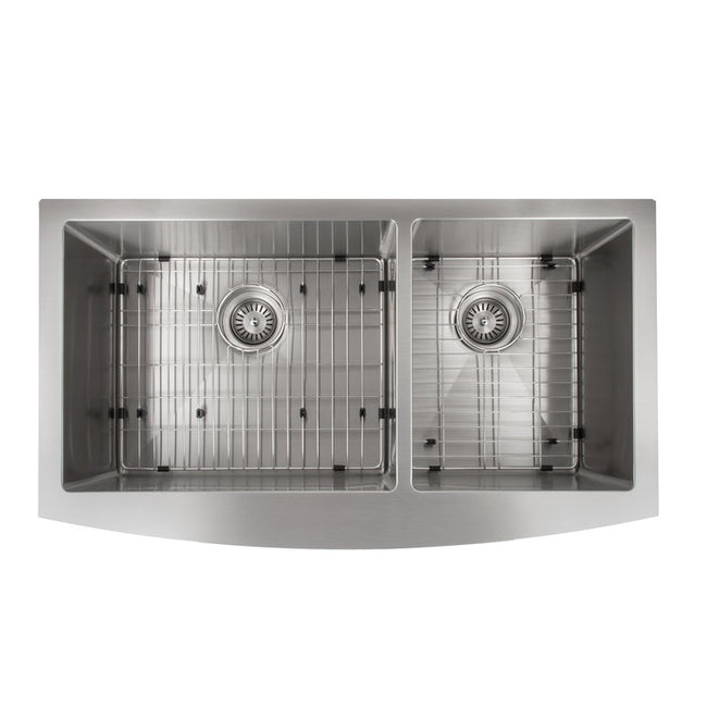 SA60D-36 - 36" Courchevel Farmhouse Apron Mount Double Bowl Stainless Steel Kitchen Sink with Bottom Grid