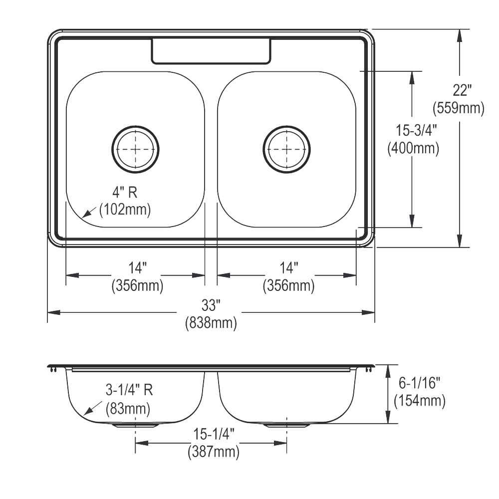 K233223 - 33" x 22" x 6-1/16" Double Bowl Drop-in Kitchen Sink