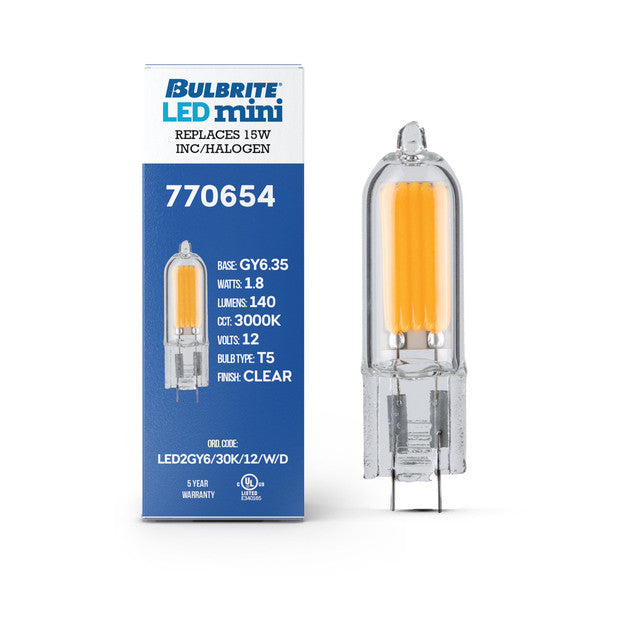 770654 - 12V Dimmable T5 Clear Glass GY6.35 - 1.8 Watt - 3000K - 4 Pack