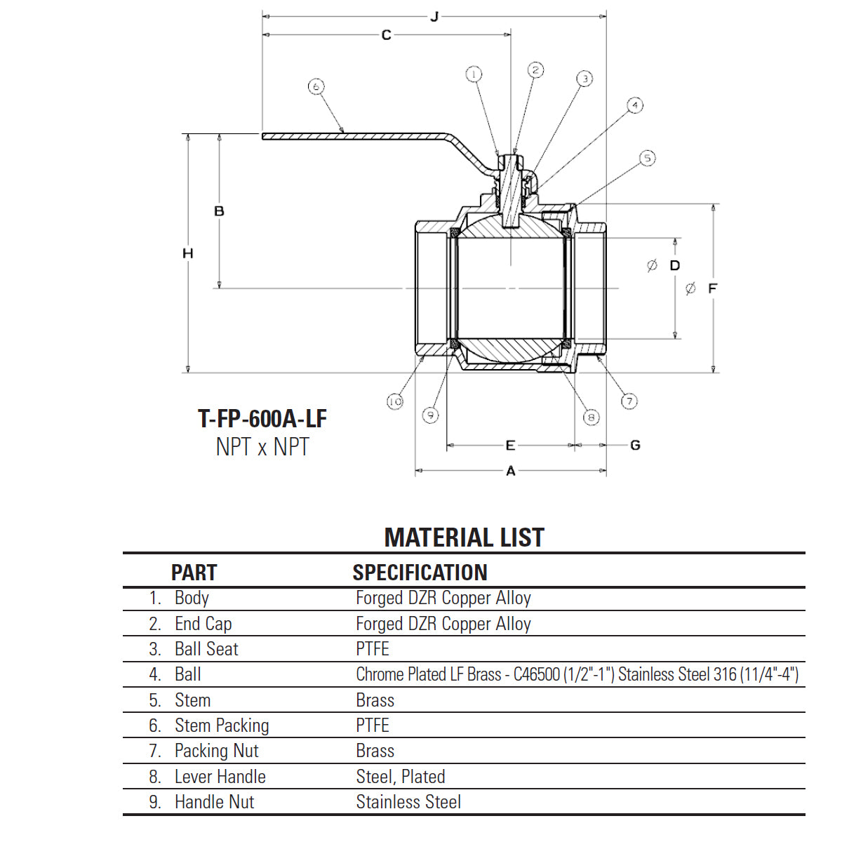 NL998XLD - 2" Threaded Lead-Free Ball Valve with Locking Lever - T-FP-600A - Brass