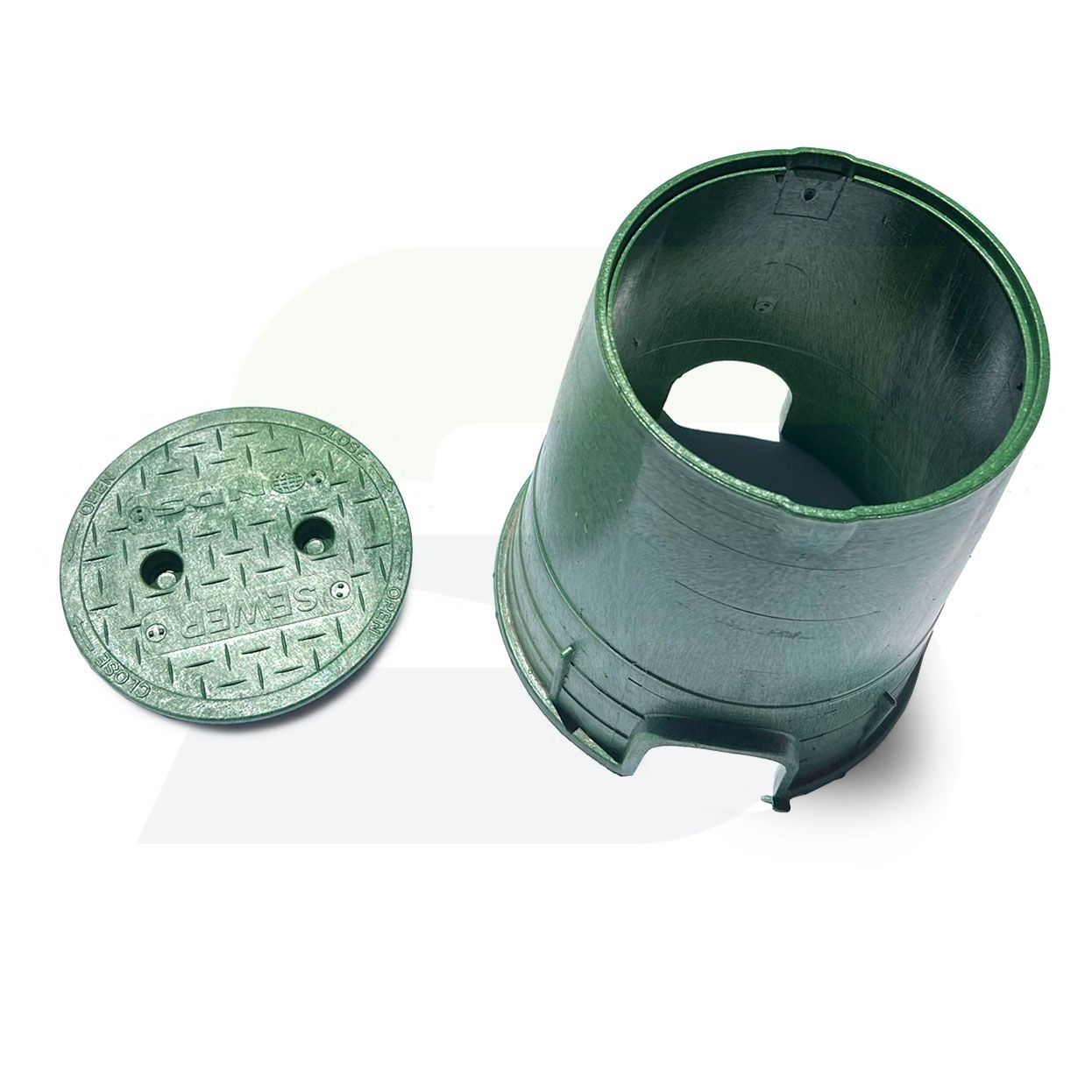 108BCS - 6" Round Black Box with Green Overlapping Cover - Sewer