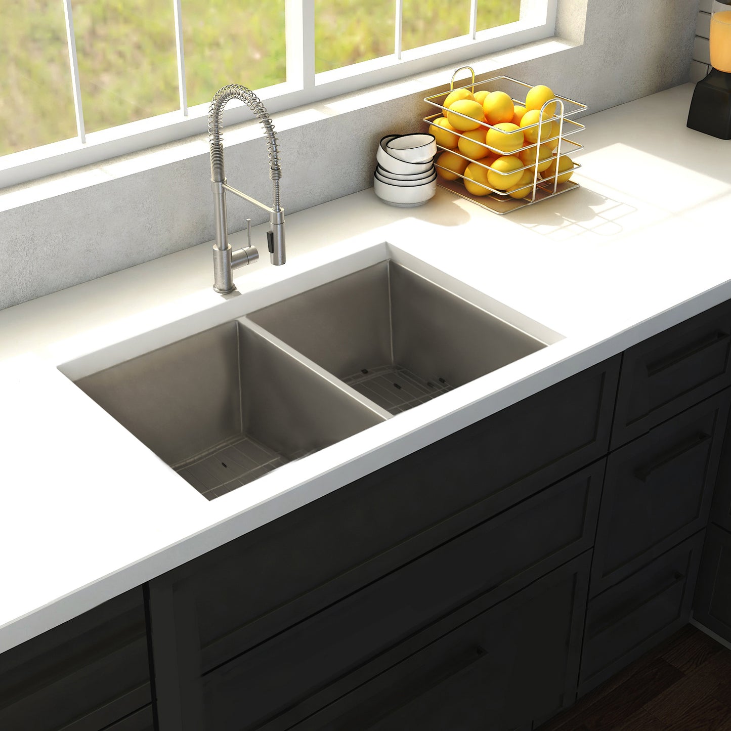 SR50D-33 - 33" Anton Undermount Double Bowl Stainless Steel Kitchen Sink with Bottom Grid