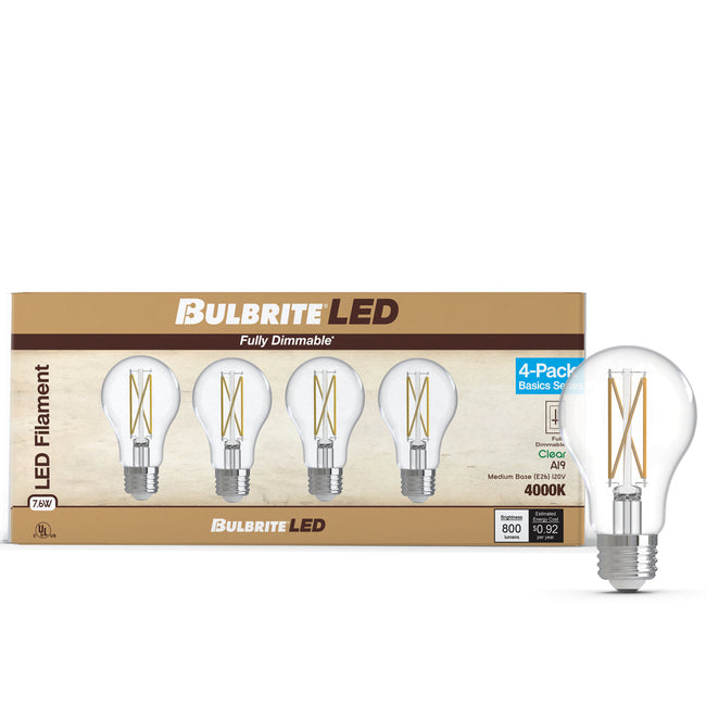 776228 - Filaments Dimmable Clear Glass A19 LED Light Bulb - 7.6 Watt - 4000K - 4 Pack