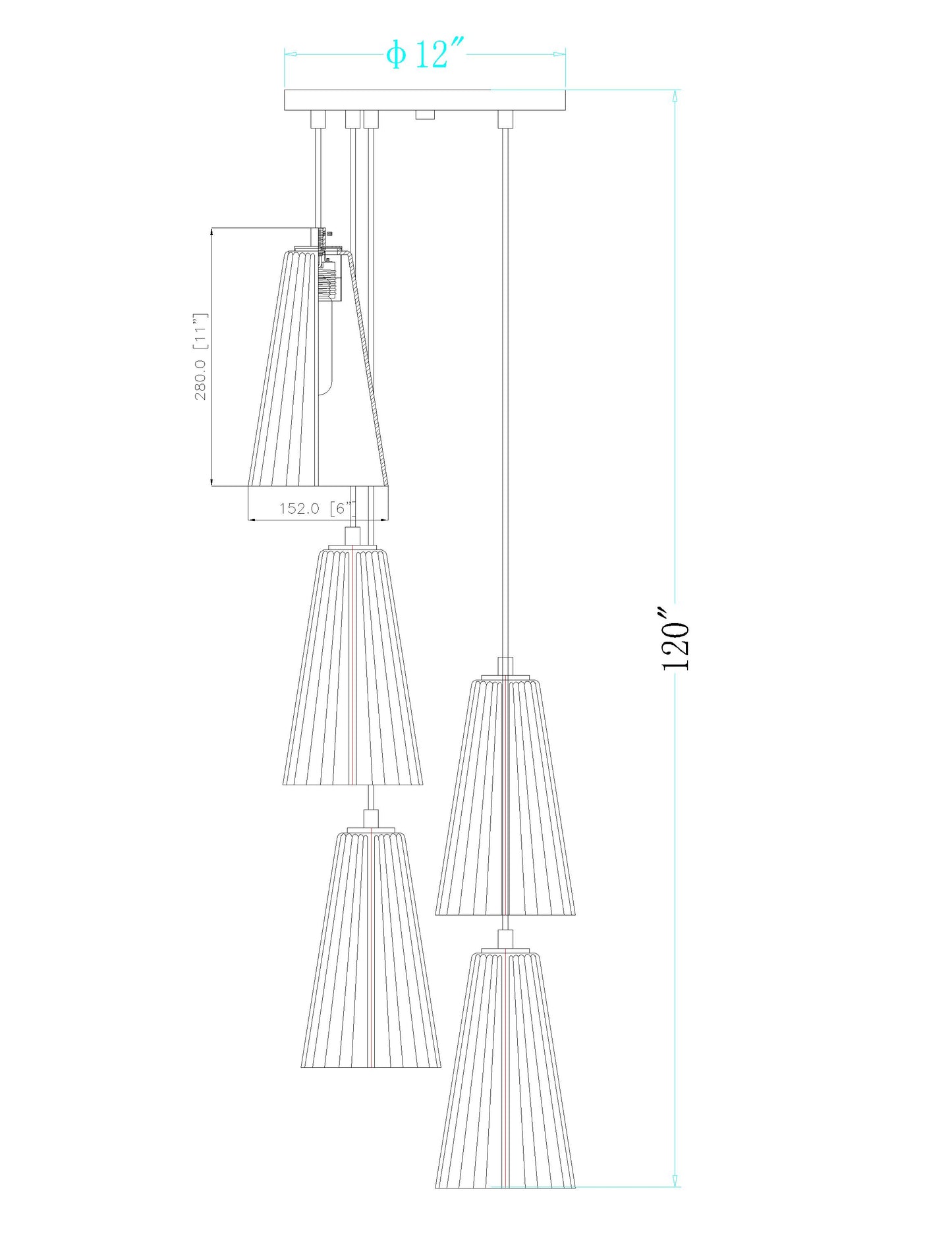 3043P6-5R-MGLD - Farrell 5 Light 12" Chandelier - Modern Gold