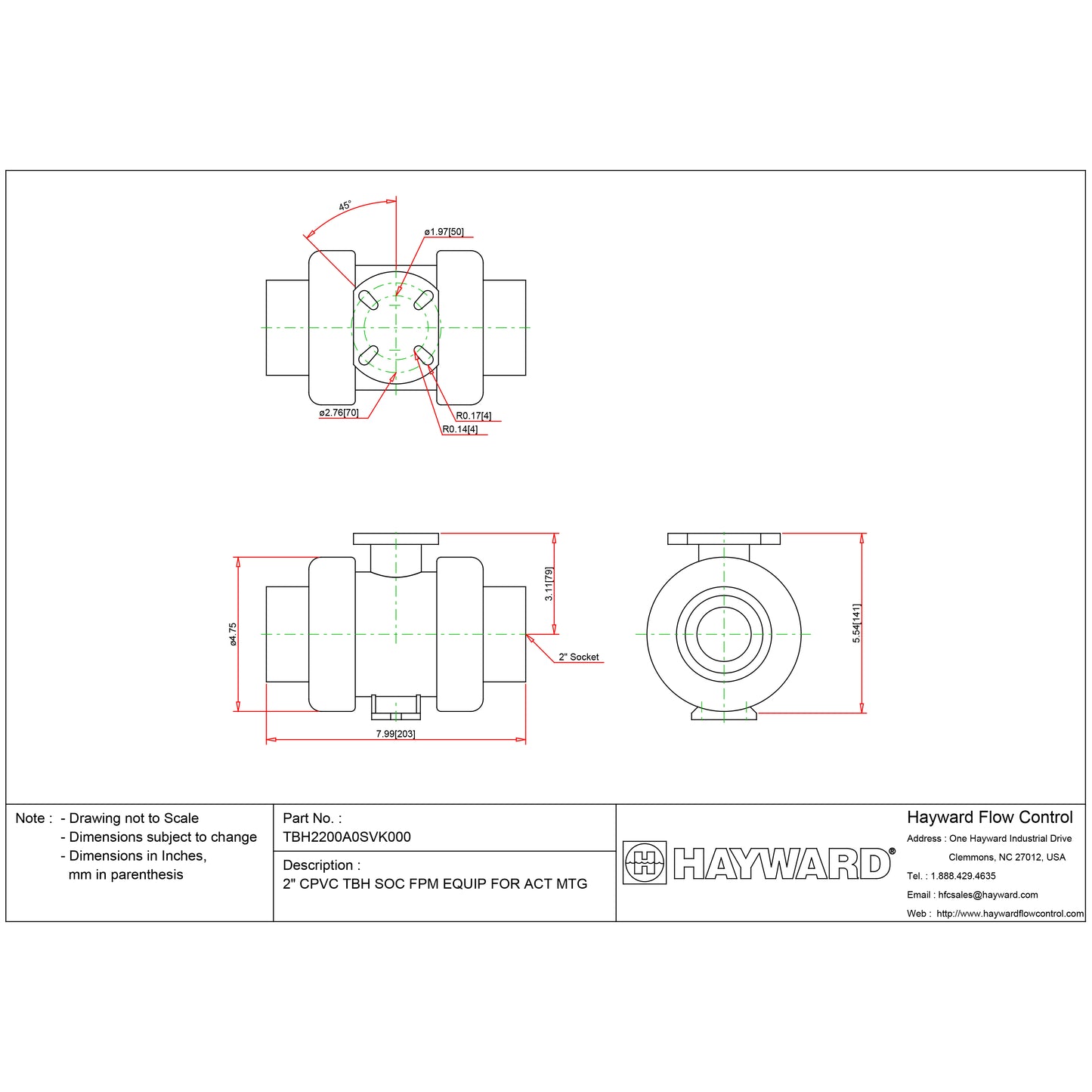 2" CPVC TBH Series Ball Valve Socket - Actuation Ready - FPM Seals