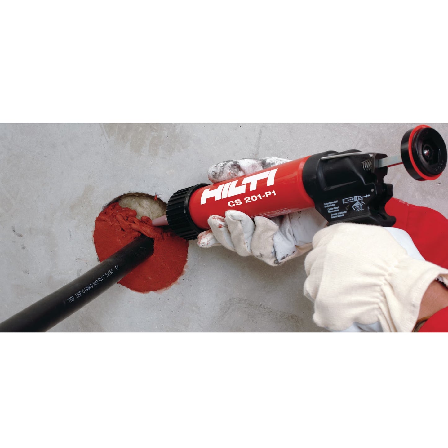 Hilti fs one max firestop caulk application around hose