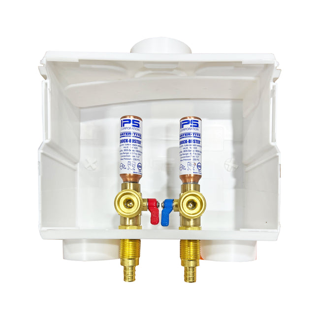 85723 - DU-All Dual Drain Washing Machine Outlet Box - Brass Quarter Turn Valves with Arresters - 1/2" PEX