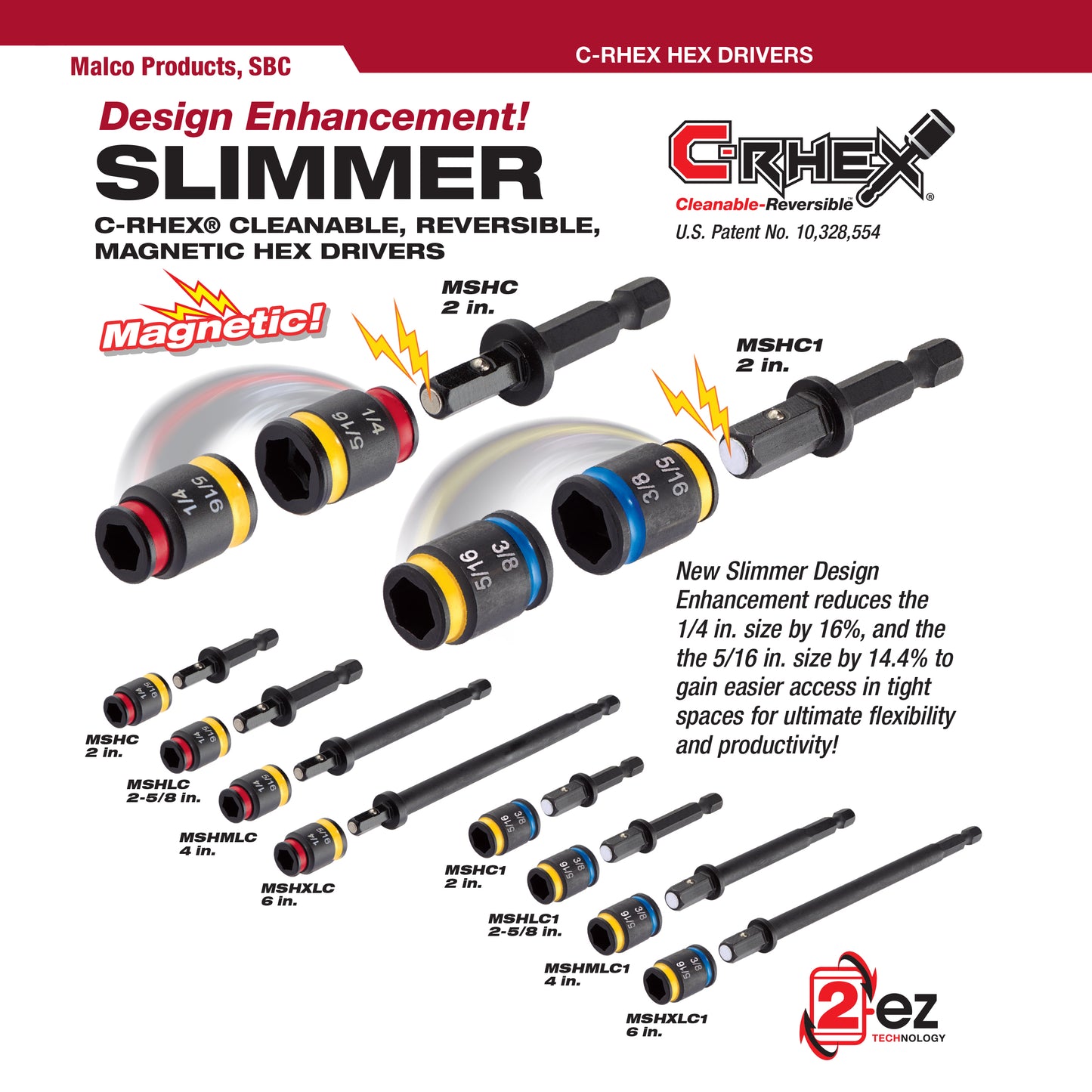 MSHC1 - C-RHEX Cleanable, Reversible Magnetic Hex Drivers, 5/16" and 3/8", 2" Length
