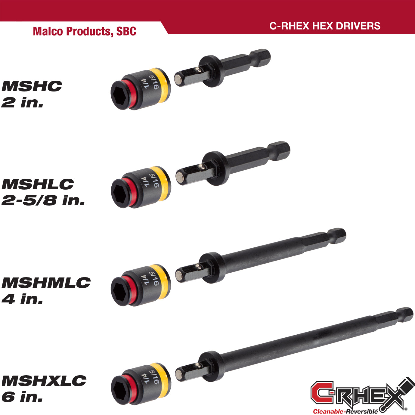MSHC - C-RHEX Cleanable, Reversible Magnetic Hex Drivers, 1/4" and 5/16", 2" Length