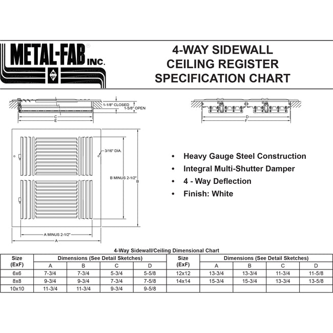 MFSCR1010W4 - 10" X 10" 4-Way Sidewall / Ceiling Register