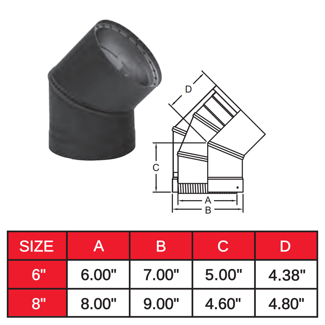6DWB45 - 6" Black Double Wall 45 Degree Elbow