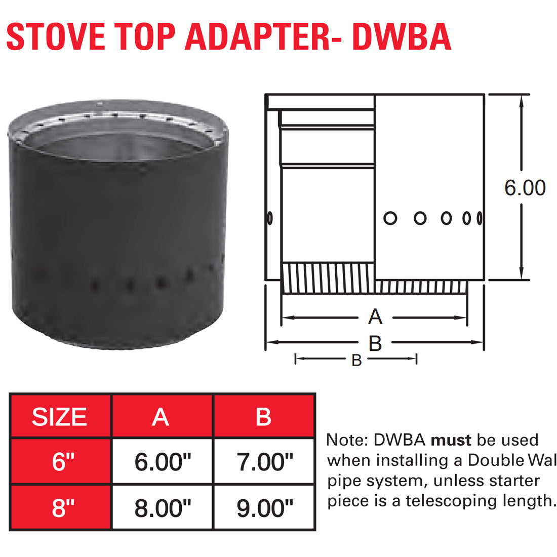 6DWBA - 6" Black Double Wall Stove Pipe Adapter