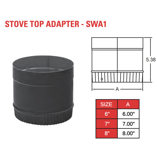 6SWA1 - 6" Black Single Wall Stove Top Adapter