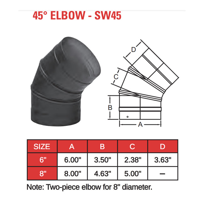 6SW45 - 6" Black Single Wall Stove Pipe 45 Degree Elbow