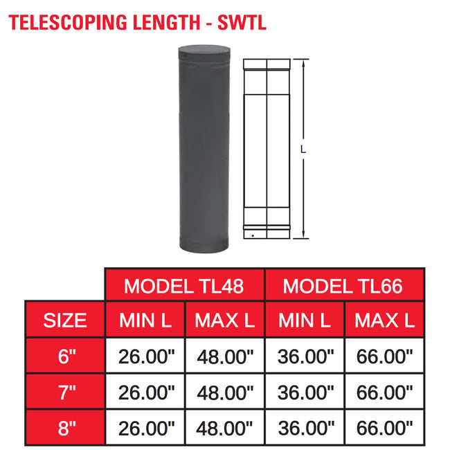 6SWTL66 - 6" x 66" Telescoping Black Single Wall Stove Pipe