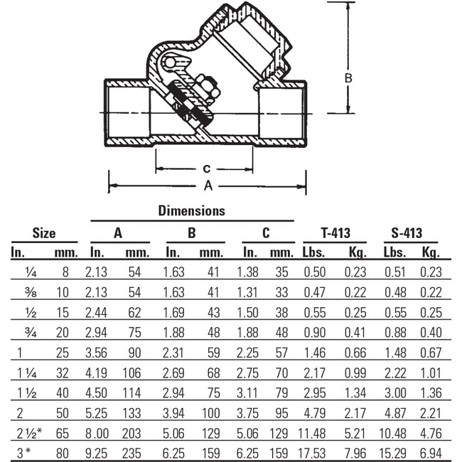 S-413-Y - Bronze Swing Y-Check Valve - PTFE Seat - Sweat