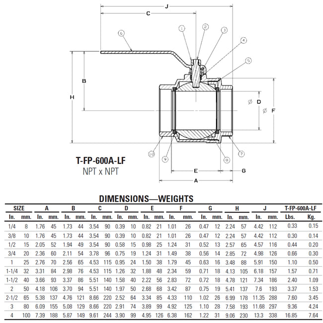 NL998XL5 - 3/8" Threaded Lead-Free Ball Valve with Locking Lever - T-FP-600A - Brass