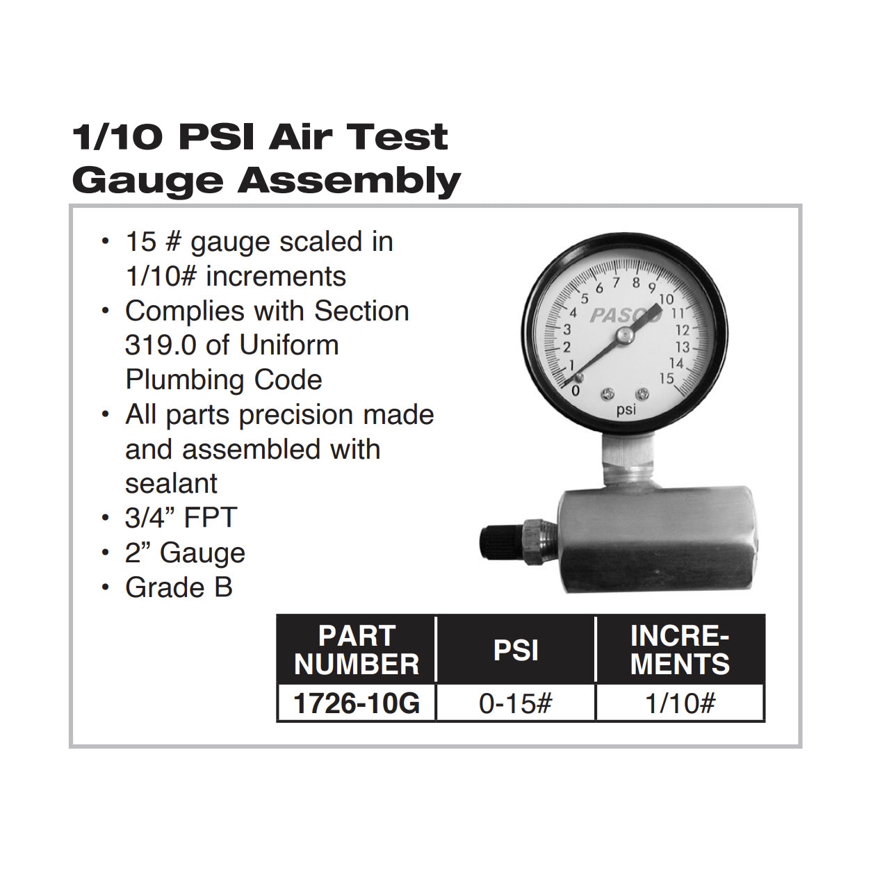 1726-10G - 2" 1/10 PSI Air Test Gauge Assembly