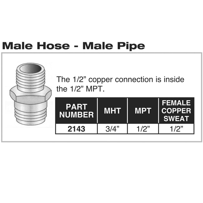 2143 - Male Hose to Male Pipe Adapter - 3/4" MHT x 1/2" MPT