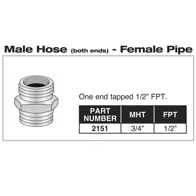 2151 - Brass Hose to Pipe Adapter - Male Hose to Female Pipe - 3/4" MHT x 1/2" FPT