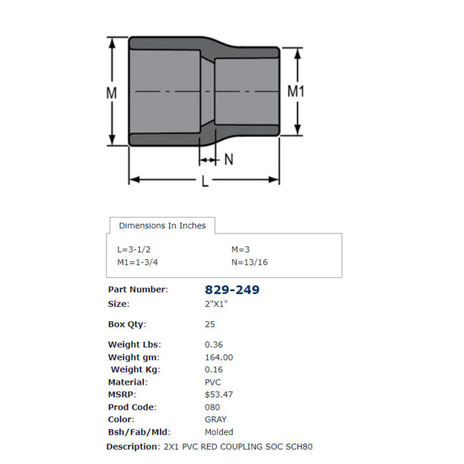 829-249 - PVC Schedule 80 Reducer Couplings, Socket, 2-Inch by 1-Inch