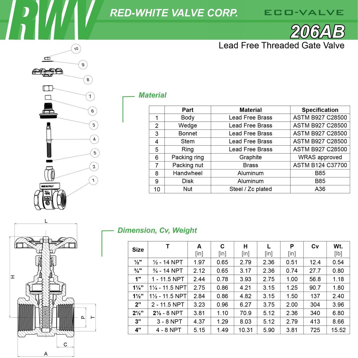 Red-White Valve 206AB - Lead Free Brass Gate Valve, FNPT x FNPT, 1"