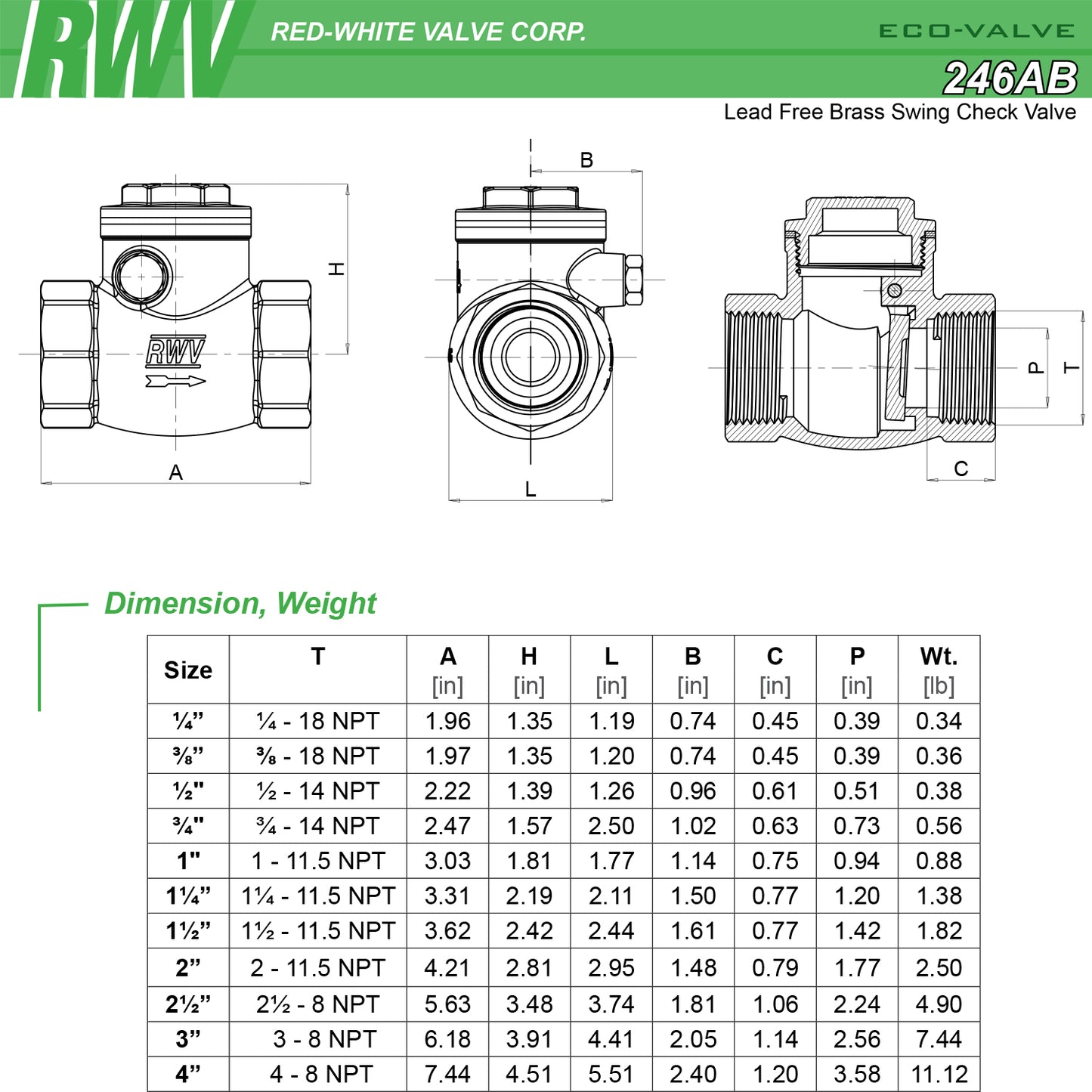 246AB - Lead Free Brass Swing Check Valve - 200 WOG - Threaded