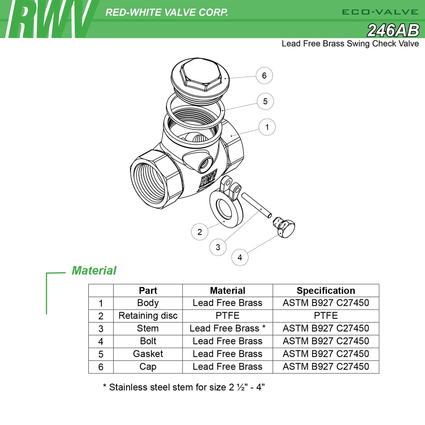246AB - Lead Free Brass Swing Check Valve - 200 WOG - Threaded