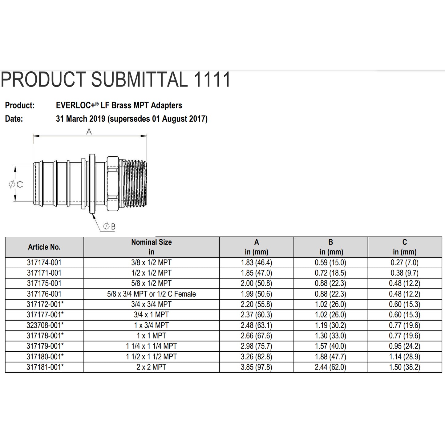 323708-001 - 1" x 3/4" MPT EVERLOC+ LF Brass Adapter